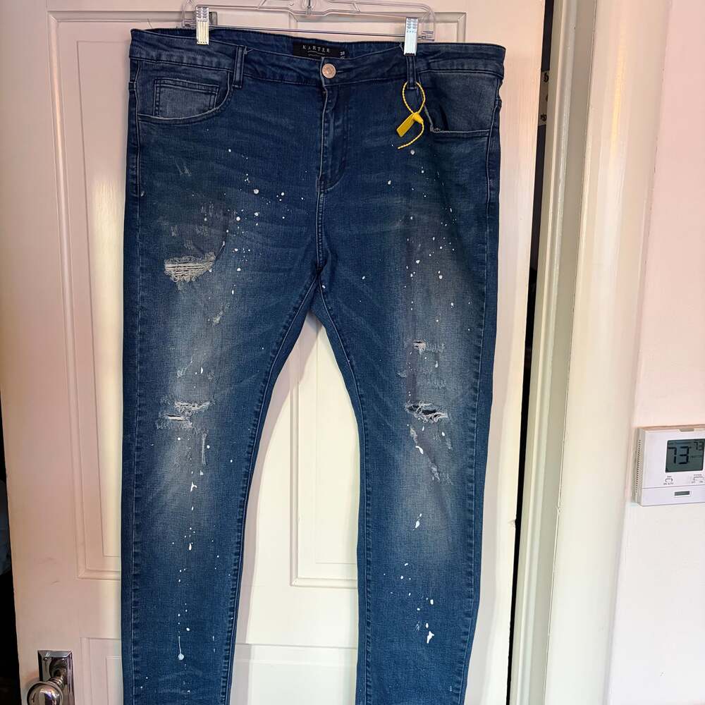Karter Collection Distressed Paint Splatter Skinny Jeans - Size 38